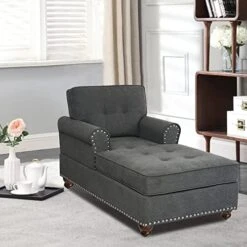 Payeel Chaise Lounge Indoor Living Room Sleeper Chair 59" Tufted Leisure Upholstered Modern Couch Bed With Backrest Armrests Comfy Single Sofa Bed For Home Office (Dark Gray) -Safavieh Furnitue Shop 515aM81W4L. AC