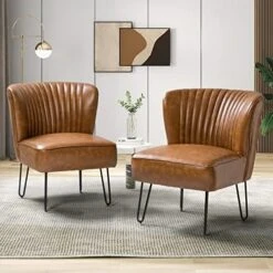 HULALA HOME Faux Leather Accent Chairs Set Of 2 With Metal Base, Mid Century Modern Living Room Chairs, Comfy Upholstered Armless Side Chairs For Bedroom, Camel -Safavieh Furnitue Shop 516rTaI08LL. AC