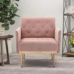 SLEERWAY Modern Velvet Single Sofa Chair, Upholstered Accent Living Room Chair, Comfy Armchair With Rose Golden Metal Legs, Tufted Chair For Reading Or Lounging (Pink) -Safavieh Furnitue Shop 516yOddtZyS. AC