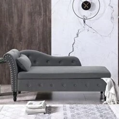LUCKHAO Chaise Lounge Indoor,Velvet Lounge Chair For Bedroom With Storage & Pillow,Modern Upholstered Rolled Arm Chase Lounge For Sleeping With Nailhead Trim For Living Room Bedroom Office(Grey) -Safavieh Furnitue Shop 5176y6cYTFL. AC