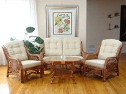 Malibu Lounge Set Of 4: 2 Natural Rattan Wicker Chairs, Loveseat With Cream Cushions And Coffee Table W/Glass Handmade, Colonial -Safavieh Furnitue Shop 517CLy2MZrL