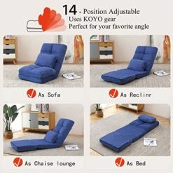Urnodel Indoor Chaise Lounge Sofa, Floor Chair With Back Support For Adults, 14 Angle Adjustment Recliner Chair, Folding Floor Lounger With Pillow 8823(Blue) -Safavieh Furnitue Shop 517JVhpNjqL