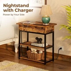 Rolanstar End Table With Charging Station, Narrow Nightstand, Flip Top Side Table With USB Ports And Storage Shelves For Small Spaces, Living Room, Bedroom (Rustic Brown) -Safavieh Furnitue Shop 518s0TmJPSL