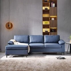 Ovios Mid-Century Modern Sofa 3-Seat L-Shape Sectional Sofa Couch With Chaise And Movable Ottoman For Living Room Lounge Office, 100" W, Faux Leather (Blue) -Safavieh Furnitue Shop 51A5RXYfWgL. AC