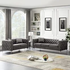2-Piece Black Velvet Upholstered Living Room Furniture Set, Including 3-Seater Sofa And Loveseat With Jeweled Buttons, Square Arm, Four Pillows Included For Living Room, Office 20 2-Piece Black Velvet Upholstered Living Room Furniture Set, Including 3-Seater Sofa And Loveseat With Jeweled Buttons, Square Arm, Four Pillows Included For Living Room, Office -Safavieh Furnitue Shop 51ASW3KFxL. AC