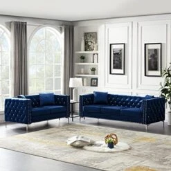 2-Piece Black Velvet Upholstered Living Room Furniture Set, Including 3-Seater Sofa And Loveseat With Jeweled Buttons, Square Arm, Four Pillows Included For Living Room, Office 25 2-Piece Black Velvet Upholstered Living Room Furniture Set, Including 3-Seater Sofa And Loveseat With Jeweled Buttons, Square Arm, Four Pillows Included For Living Room, Office -Safavieh Furnitue Shop 51BIWN4rpCL. AC