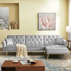 NOSGA Sectional Sleeper Sofa Couch Bed, Velvet L-Shaped Convertible Tufted Couch With Chaise Lounge, Rolled Arm Upholstered Nailhead Chesterfield Sofa With Movable Ottoman For Living Room(Grey)