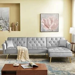 NOSGA Sectional Sleeper Sofa Couch Bed, Velvet L-Shaped Convertible Tufted Couch With Chaise Lounge, Rolled Arm Upholstered Nailhead Chesterfield Sofa With Movable Ottoman For Living Room(Grey) -Safavieh Furnitue Shop 51C0uWnNHyL. AC