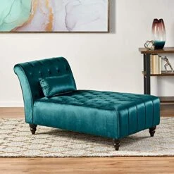GDFStudio Rafaela Modern Glam Tufted Velvet Chaise Lounge With Scrolled Backrest, Dark Teal And Dark Brown