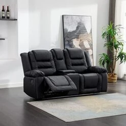 Harper & Bright Designs Recliner Loveseat Sofa, PU Leather Luxurious Living Room 2-Seat Couch, Home Theater Seating Manual Recliner With Center Console, Black -Safavieh Furnitue Shop 51DQRulcfuL. AC