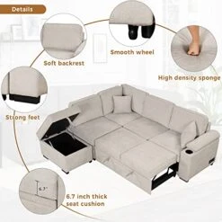 Merax L Shaped Sectional Sofa Couch Sleeper Bed With Storage Ottoman And Chaise For Living Room, Small Apartment Love Seats, Beige_Linen -Safavieh Furnitue Shop 51DSOahIJGL