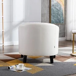 SSLine Modern White Leather Upholstered Accent Arm Chair Soft Barrel Club Chairs For Living Room Comfy Single Sofa Office Guest Chatting Chair With Solid Wood Legs And Nailhead For Bedroom (White)