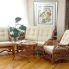 Malibu Lounge Set Of 4: 2 Natural Rattan Wicker Chairs, Loveseat With Cream Cushions And Coffee Table W/Glass Handmade, Colonial