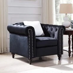 3-Piece Velvet Upholstered Living Room Furniture Set, Including 3-Seater Sofa, Loveseat And Single Sofa Chair With Button And Copper Nail On Arms And Back, Five White Villose Pillows Included, Blue -Safavieh Furnitue Shop 51EfB2MjkRL. AC