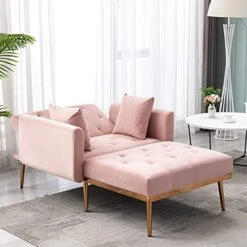 SLEERWAY Velvet 2 In 1 Chaise Lounge Chair Indoor, Modern Single Sofa Bed With Two Pillows, Recliner Chair With 3 Adjustable Angles, Convertible Sleeper Chair For Living Room And Bedroom (Pink) -Safavieh Furnitue Shop 51Ej3CPY0ML