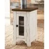 Signature Design By Ashley Wystfield Farmhouse Chair Side End Table With Cabinet Door For Storage, White & Brown With Distressed Finish