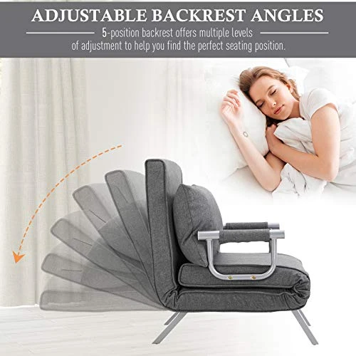 HOMCOM Single Person Folding 5 Position Convertible Sofa Bed Sleeper Chair Chaise Lounge Couch W/Pillow & Steel Frame For Home Office, Light Grey 4 HOMCOM Single Person Folding 5 Position Convertible Sofa Bed Sleeper Chair Chaise Lounge Couch W/Pillow & Steel Frame For Home Office, Light Grey - Image 4
