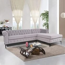 NOSGA Modern Velvet Fabric L Shaped 3-Seat Sectional Sofa Couch, Furniture Sectional Chesterfield Couch Set, Upholstered Scroll Arm Chesterfield Sofa With Chaise For Living Room(Light Grey) -Safavieh Furnitue Shop 51GWfoVYrmL. AC
