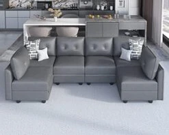 LLappuil Modular Sectional Sofa With Storage, Faux Leather Fabric 7 Seater Modular Sofa With Reversible Chaise, 112 Inch Convertible U Shape Sectional Couch With Ottomans, Aqua Blue -Safavieh Furnitue Shop 51GfH8pAq L. AC