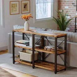 IRONCK Rustic Entryway Console Table, Long Hallway Table 47in 3-Tier, TV Stand Entertainment Center Media Stand For Living Room, Industrial Style, Vintage Brown