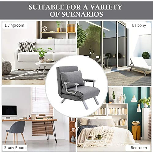 HOMCOM Single Person Folding 5 Position Convertible Sofa Bed Sleeper Chair Chaise Lounge Couch W/Pillow & Steel Frame For Home Office, Light Grey 5 HOMCOM Single Person Folding 5 Position Convertible Sofa Bed Sleeper Chair Chaise Lounge Couch W/Pillow & Steel Frame For Home Office, Light Grey - Image 5
