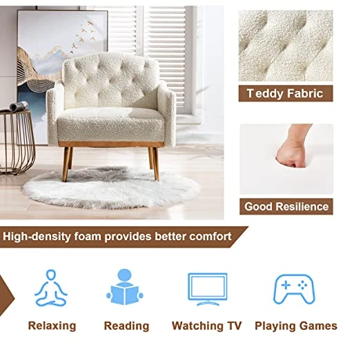 KINFFICT Modern Accent Chair, Upholstered Single Sofa Arm Chair For Living Room And Bedroom, Upholstered Comfy Armchair Chair With Solid Tapered Metal Legs, White 3 KINFFICT Modern Accent Chair, Upholstered Single Sofa Arm Chair For Living Room And Bedroom, Upholstered Comfy Armchair Chair With Solid Tapered Metal Legs, White - Image 3