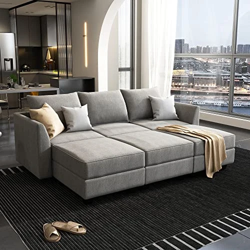 HONBAY Convertible Modular Sectional Sofa With Ottomans Polyester Fabric Sleeper Sectional Couch With Chaise And Storage 6 Seat Sectional Sofa For Living Room, Grey 1 HONBAY Convertible Modular Sectional Sofa With Ottomans Polyester Fabric Sleeper Sectional Couch With Chaise And Storage 6 Seat Sectional Sofa For Living Room, Grey
