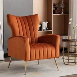Artechworks Curved Tufted Accent Chair With Metal Gold Legs Velvet Upholstered Arm Club Leisure Modern Chair For Living Room Bedroom Patio, Caramel Color, Orange
