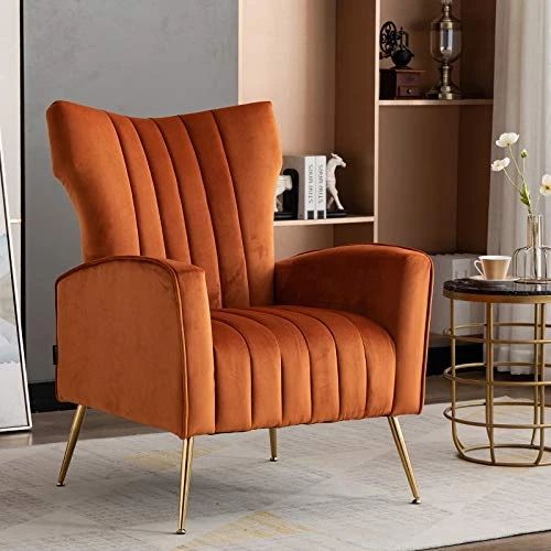Artechworks Curved Tufted Accent Chair With Metal Gold Legs Velvet Upholstered Arm Club Leisure Modern Chair For Living Room Bedroom Patio, Caramel Color, Orange 1 Artechworks Curved Tufted Accent Chair With Metal Gold Legs Velvet Upholstered Arm Club Leisure Modern Chair For Living Room Bedroom Patio, Caramel Color, Orange