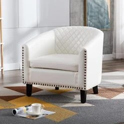 SSLine Modern White Leather Upholstered Accent Arm Chair Soft Barrel Club Chairs For Living Room Comfy Single Sofa Office Guest Chatting Chair With Solid Wood Legs And Nailhead For Bedroom (White) 24 SSLine Modern White Leather Upholstered Accent Arm Chair Soft Barrel Club Chairs For Living Room Comfy Single Sofa Office Guest Chatting Chair With Solid Wood Legs And Nailhead For Bedroom (White) -Safavieh Furnitue Shop 51KjI dAogL. AC