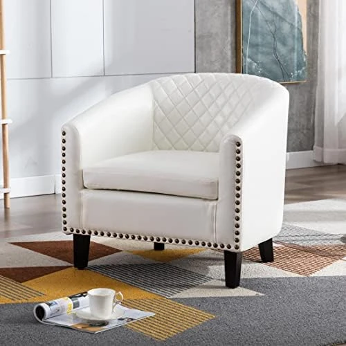 SSLine Modern White Leather Upholstered Accent Arm Chair Soft Barrel Club Chairs For Living Room Comfy Single Sofa Office Guest Chatting Chair With Solid Wood Legs And Nailhead For Bedroom (White) 10 SSLine Modern White Leather Upholstered Accent Arm Chair Soft Barrel Club Chairs For Living Room Comfy Single Sofa Office Guest Chatting Chair With Solid Wood Legs And Nailhead For Bedroom (White) - Image 10