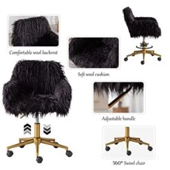 KCC Fluffy Office Desk Chair, Faux Fur Modern Swivel Armchair With Wheels, Soft Comfy Fuzzy Elegant Accent Makeup Vanity Chairs For Women Girls, Home Living Dressing Room Bedroom, Black -Safavieh Furnitue Shop 51Kxo6S6wpL
