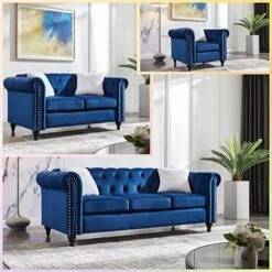 3-Piece Velvet Upholstered Living Room Furniture Set, Including 3-Seater Sofa, Loveseat And Single Sofa Chair With Button And Copper Nail On Arms And Back, Five White Villose Pillows Included, Blue -Safavieh Furnitue Shop 51L3mb4Yb1L