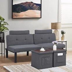 BINGTOO Futon Sofa Bed Couch And Sleeper- Convertible Futon Sofa Bed Sleeper Couches Loveseat With Storage Footstool Ottoman Or Coffee Table And 2 Lumbar Pillows,Small,Tufted(Grey), 1PC