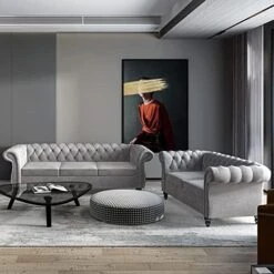 MIYZEAL 2 Pieces Living Room Sectional Sofa Set, Modern Velvet Button Tufted Chesterfield Sofa With Rolled Arm, Classic Upholstered Low Back Loveseat 3 Seater Couch For Living Room (Gray) -Safavieh Furnitue Shop 51LjYcz2dcL. AC