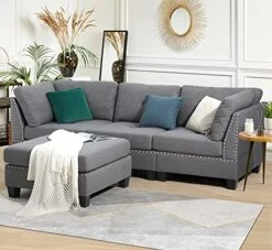 Esright Convertible Sectional Sofa Couch For Living Room, L Shaped Couch With Reversible Chaise, Grey Modular Sectional Sofa Couch With Ottoman, Grey -Safavieh Furnitue Shop 51NcQHqZgNL. AC