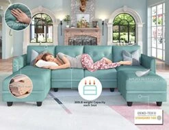 LLappuil Modular Sofa Faux Leather Fabric 112" Sectional Couch 4 Seater With Storage Seats Modern Sectional Sofa For Living Room, Office, Aqua Blue -Safavieh Furnitue Shop 51Nt7LC6UrL