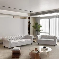 2 Piece Living Room Set, Velvet Chesterfield Sofa Loveseat Couch With Scroll Arms And Nailhead For Living Room, Office (Grey) 28 2 Piece Living Room Set, Velvet Chesterfield Sofa Loveseat Couch With Scroll Arms And Nailhead For Living Room, Office (Grey) -Safavieh Furnitue Shop 51OMDNxvskL. AC