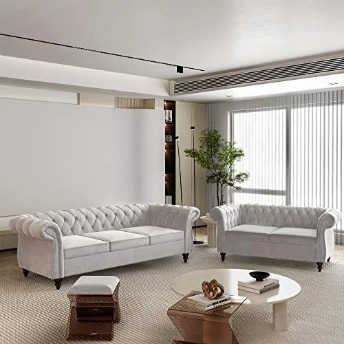 2 Piece Living Room Set, Velvet Chesterfield Sofa Loveseat Couch With Scroll Arms And Nailhead For Living Room, Office (Grey) 14 2 Piece Living Room Set, Velvet Chesterfield Sofa Loveseat Couch With Scroll Arms And Nailhead For Living Room, Office (Grey) - Image 14