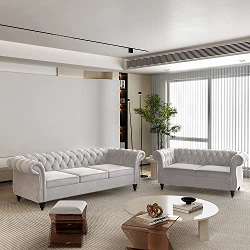 2 Piece Living Room Set, Velvet Chesterfield Sofa Loveseat Couch With Scroll Arms And Nailhead For Living Room, Office (Grey) 1 2 Piece Living Room Set, Velvet Chesterfield Sofa Loveseat Couch With Scroll Arms And Nailhead For Living Room, Office (Grey)