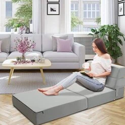 BestComfort Folding Chair Bed Floor Sofa Bed, Upholstered Guest Chaise Lounge Trifold Mattress For Bedroom Living Room Dorm Furniture, Video Gaming Sofa Bed Sleeper Convertible Chair (Gray) Grey -Safavieh Furnitue Shop 51OwM9oKajL