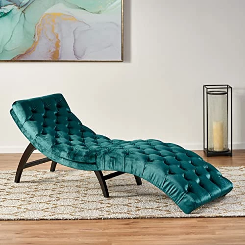 Christopher Knight Home Garret Tufted Velvet Chaise Lounge, Teal / Dark Brown 2 Christopher Knight Home Garret Tufted Velvet Chaise Lounge, Teal / Dark Brown - Image 2
