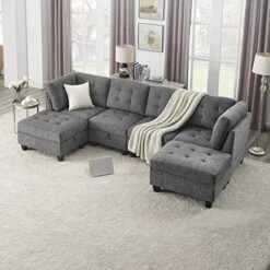 Melpomene 142'' U-Shape Chenille Sectional Sofa Couch，DIY Combination Includes 7 Single Chair 4 Corner And 1 Ottoman, Living Room Furniture Set For Villa & House,Grey -Safavieh Furnitue Shop 51PntXtP8gL. AC 1
