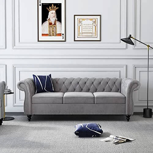 2 Piece Living Room Set, Velvet Chesterfield Sofa Loveseat Couch With Scroll Arms And Nailhead For Living Room, Office (Grey) 4 2 Piece Living Room Set, Velvet Chesterfield Sofa Loveseat Couch With Scroll Arms And Nailhead For Living Room, Office (Grey) - Image 4