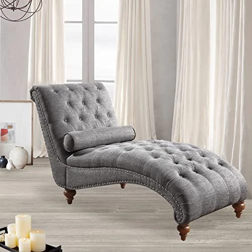 Rosevera Sereno Polyester Upholstered Button Tufting With Toss Pillow Chaise Lounge Chair For Indoor Bedroom, Linen Gray 1 Rosevera Sereno Polyester Upholstered Button Tufting With Toss Pillow Chaise Lounge Chair For Indoor Bedroom, Linen Gray