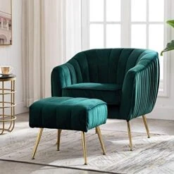Artechworks Velvet Modern Tub Barrel Arm Chair Upholstered Tufted With Gold Metal Legs Accent Club Chair With Ottoman Footrest For Living Reading Room Bedroom, Green -Safavieh Furnitue Shop 51S4o5634EL. AC