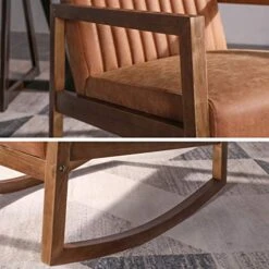 HNY Mid Century Rocking Nursery Chair With Wood Frames, Faux Leather Upholstered Farmhouse Living Room Armchair, For Living Room Bedroom, Light Brown -Safavieh Furnitue Shop 51SI9vGBB2L