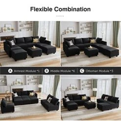 HONBAY Modular Sectional Sofa Set Oversized U Shaped Couch With Storage Ottoman Convertible Sleeper Sectional Sofa Velvet Modular Couch With Wide Chaise, Black -Safavieh Furnitue Shop 51SR3eb4WGL