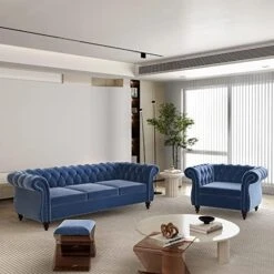 2 Piece Living Room Set, Velvet Chesterfield Sofa Loveseat Couch With Scroll Arms And Nailhead For Living Room, Office (Grey) 27 2 Piece Living Room Set, Velvet Chesterfield Sofa Loveseat Couch With Scroll Arms And Nailhead For Living Room, Office (Grey) -Safavieh Furnitue Shop 51TaHVL4c6L. AC