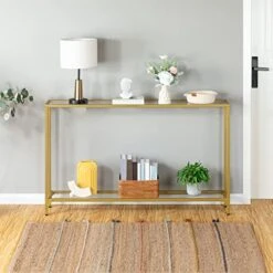 HOOBRO 55.1" Gold Console Table, Narrow Tempered Glass Entryway Table, Sofa Table Behind Couch, Modern Style, Metal Frame, Hallway, Living Room, Gold GD06XG01 -Safavieh Furnitue Shop 51TtryYEOSL